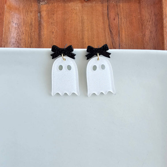 Bow Ghost Earrings - White Glitter // Halloween Earrings