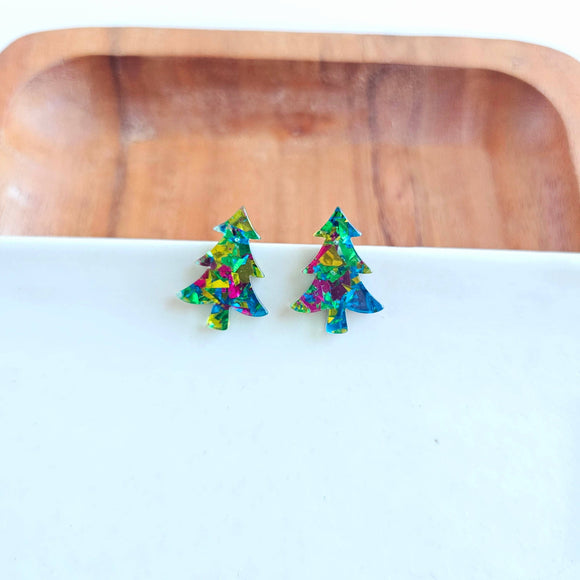 Holiday Christmas Tree Studs - Green Sparkle