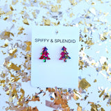 Holiday Christmas Tree Studs - Pink Sparkle