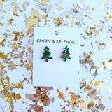 Holiday Christmas Tree Studs - Green Sparkle