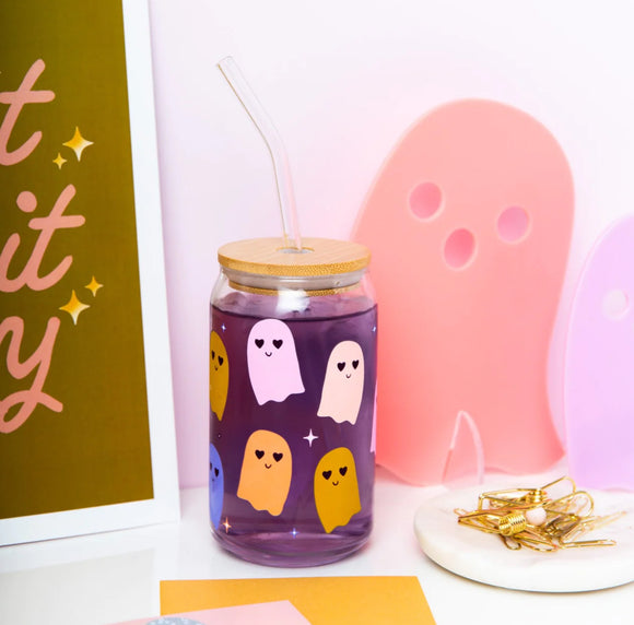 Halloween Ghoul Gang Can Glass w/Lid + Straw