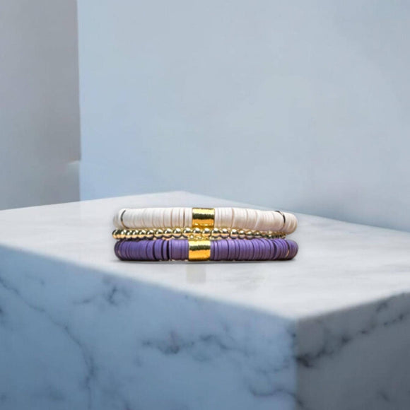 Purple and White Heishi Bead Bracelet Stack