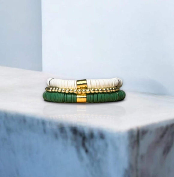 Green and White Game Day Bracelet Stack