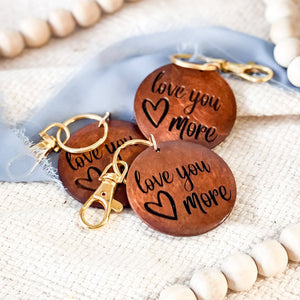 Love You More Wooden Engraved Gold Keychain