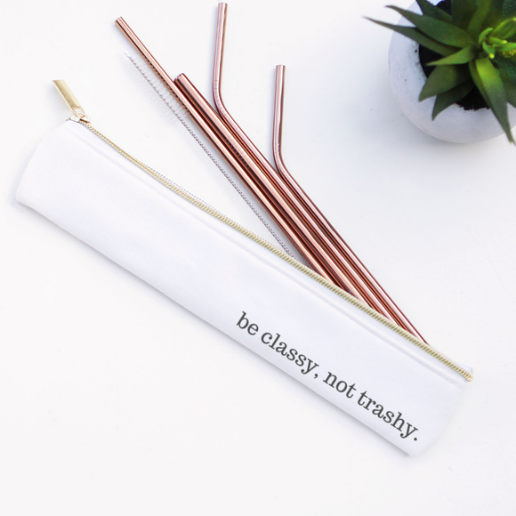 Be Classy Not Trashy Stainless Metal Straw Set (Rose Gold)