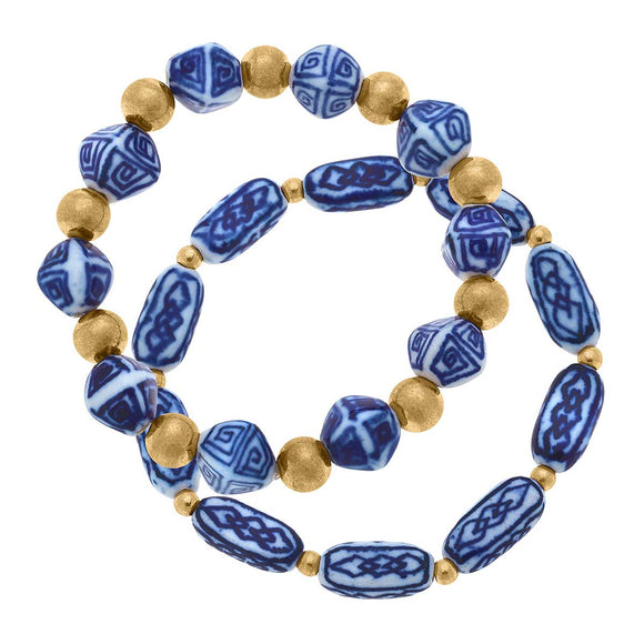 CANVAS - Katherine Chinoiserie & Ball Bead Bracelets in Blue & White (Set of 2)