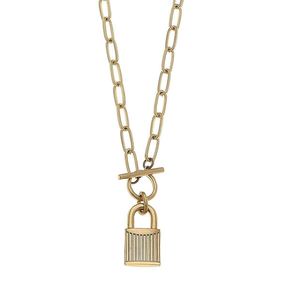 CANVAS - Stella Padlock Paperclip Chain T-Bar Necklace in Worn Gold