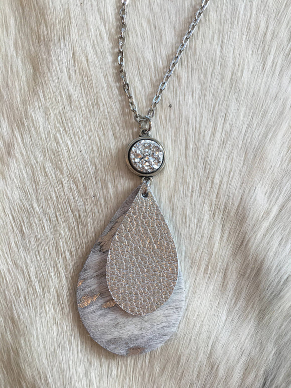 Silver HOH with Silver Teardrop Leather Necklace