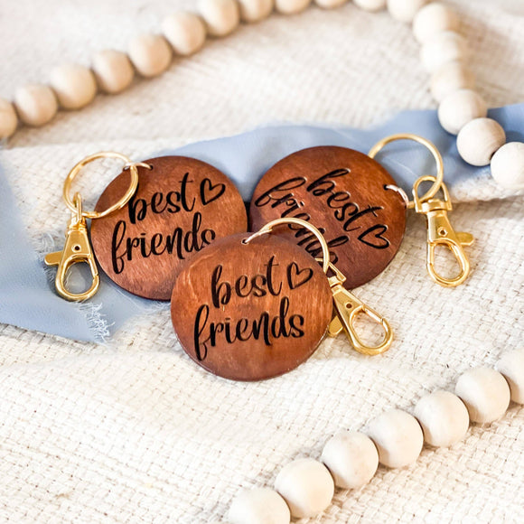 Best Friends Wooden Engraved Gold Keychain