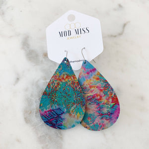 Blue Tie Dye Leather Teardrop Earrings