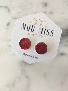 Red Druzy Stud Earrings