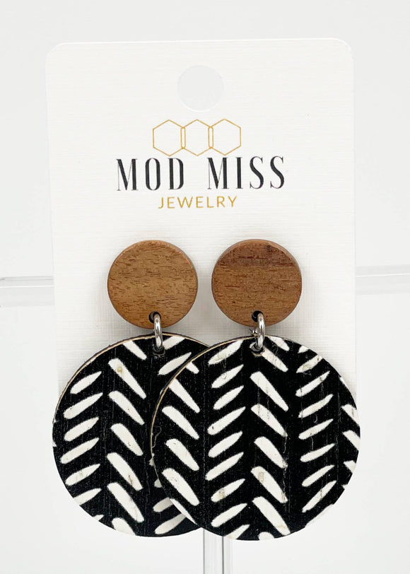 Black & White Tribal Round Cork+Leather Earrings