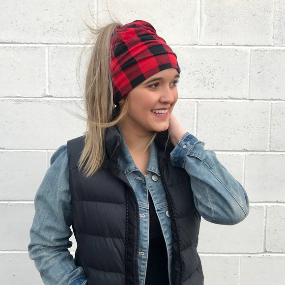 Red and Black Buffalo Check Peek-a-Boo Beanie