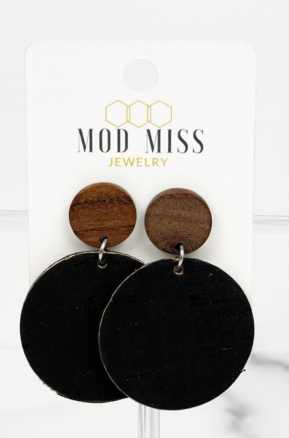 Black Round Cork+Leather Earrings