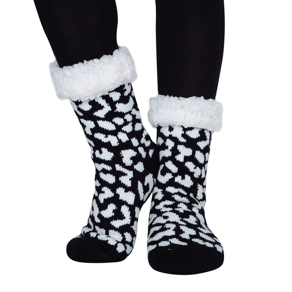 Non-Slip Sherpa Lined Socks - Black Leopard