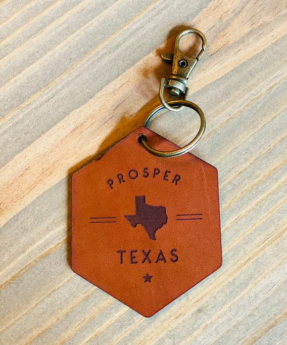 Custom Leather Keychain with Prosper, TX Design