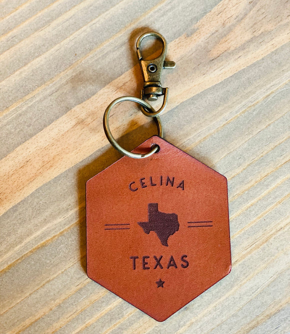 Custom Leather Keychain with Celina, TX Design