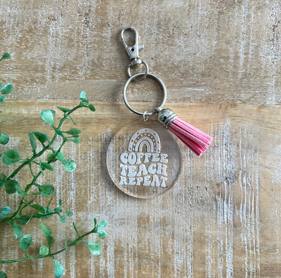 Acrylic Coffee Teach Repeat Keychain With GRAY Tassel